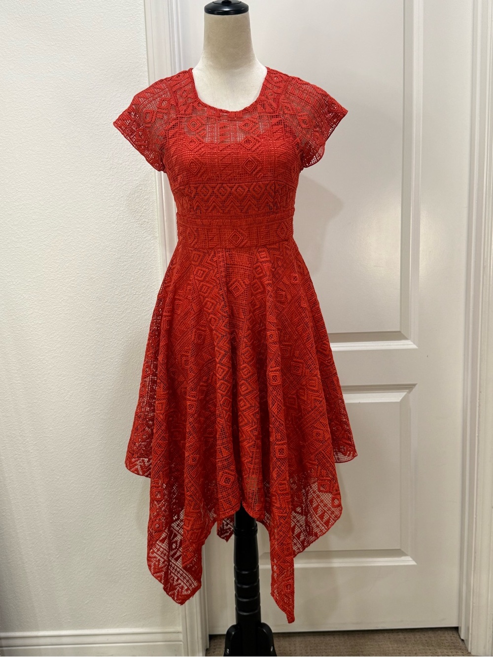 Maeve Prima Lace Handkerchief-Hem Burnt Orange Fit & Flare Dress